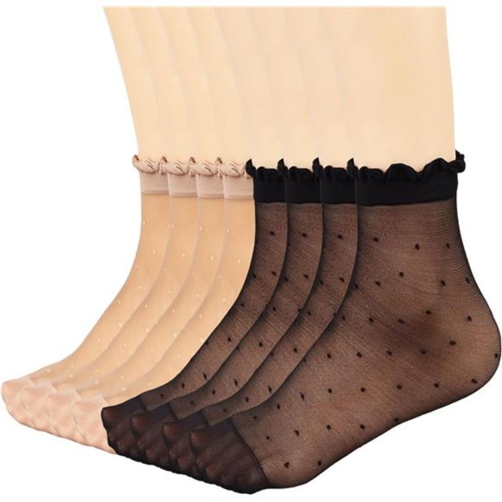 12 Pairs Women’s Ultra-Thin Sheer Stockings – Ruffle Dot Ankle Socks